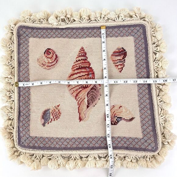 Hand Made Needlepoint Nautical Sea Shell Tassel Pillow Cover Velvet Back - Picture 6 of 6